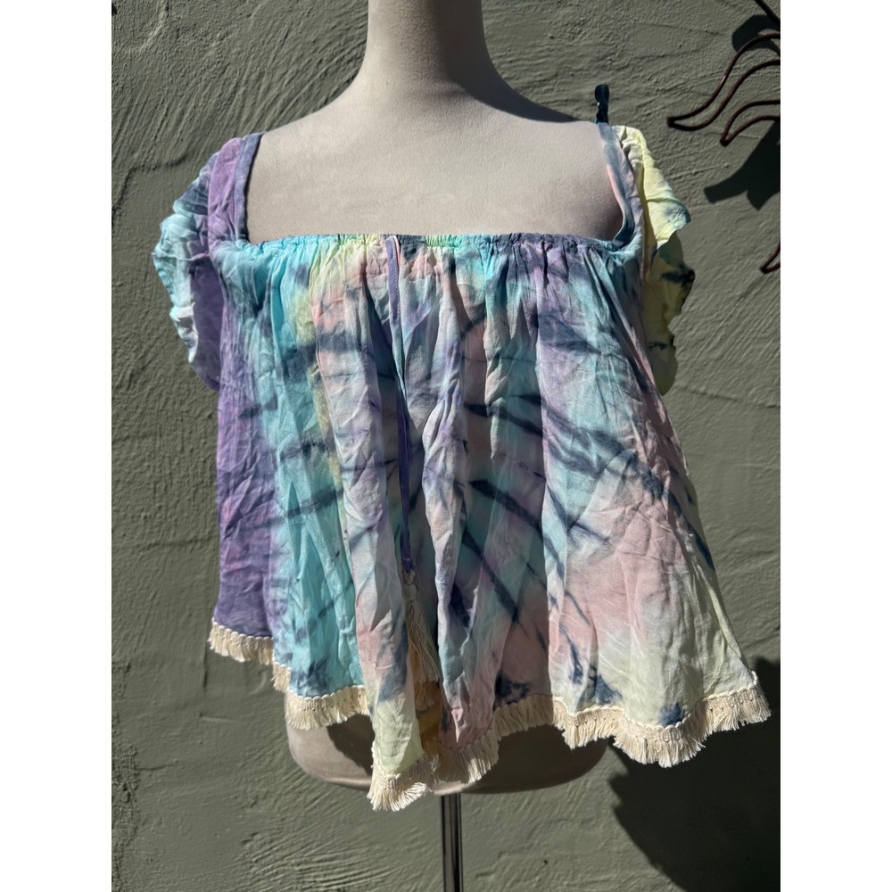 Surf Gypsy  Tie Dye Off Shoulder Crop Top Pastel Fringe Tassel M boho beach  NEW
